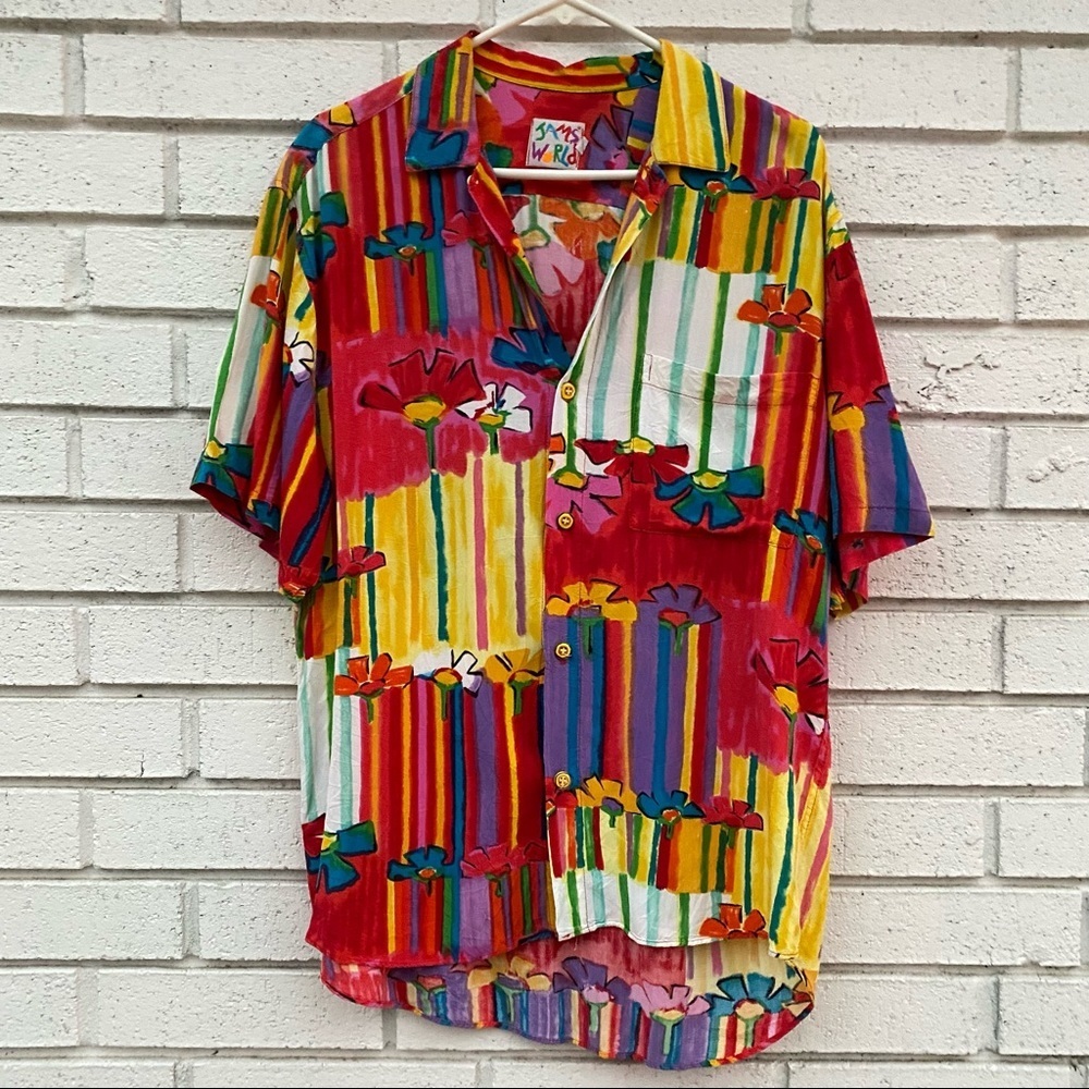 Vintage Jams World | Bright Floral Surfer Graphic Shirt Tropical Beach Med
